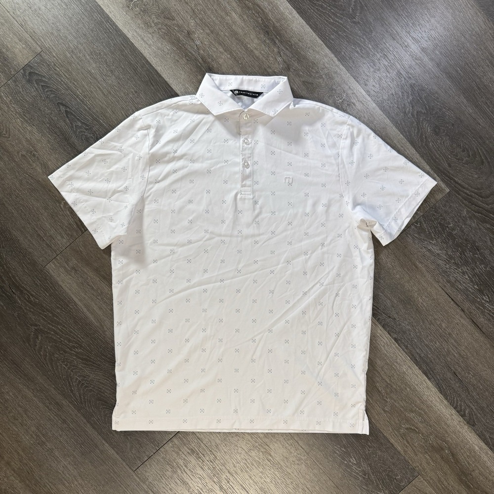 TravisMathew Polo Shirt Men's Medium White Gray Geometric Golf Casual Stretch